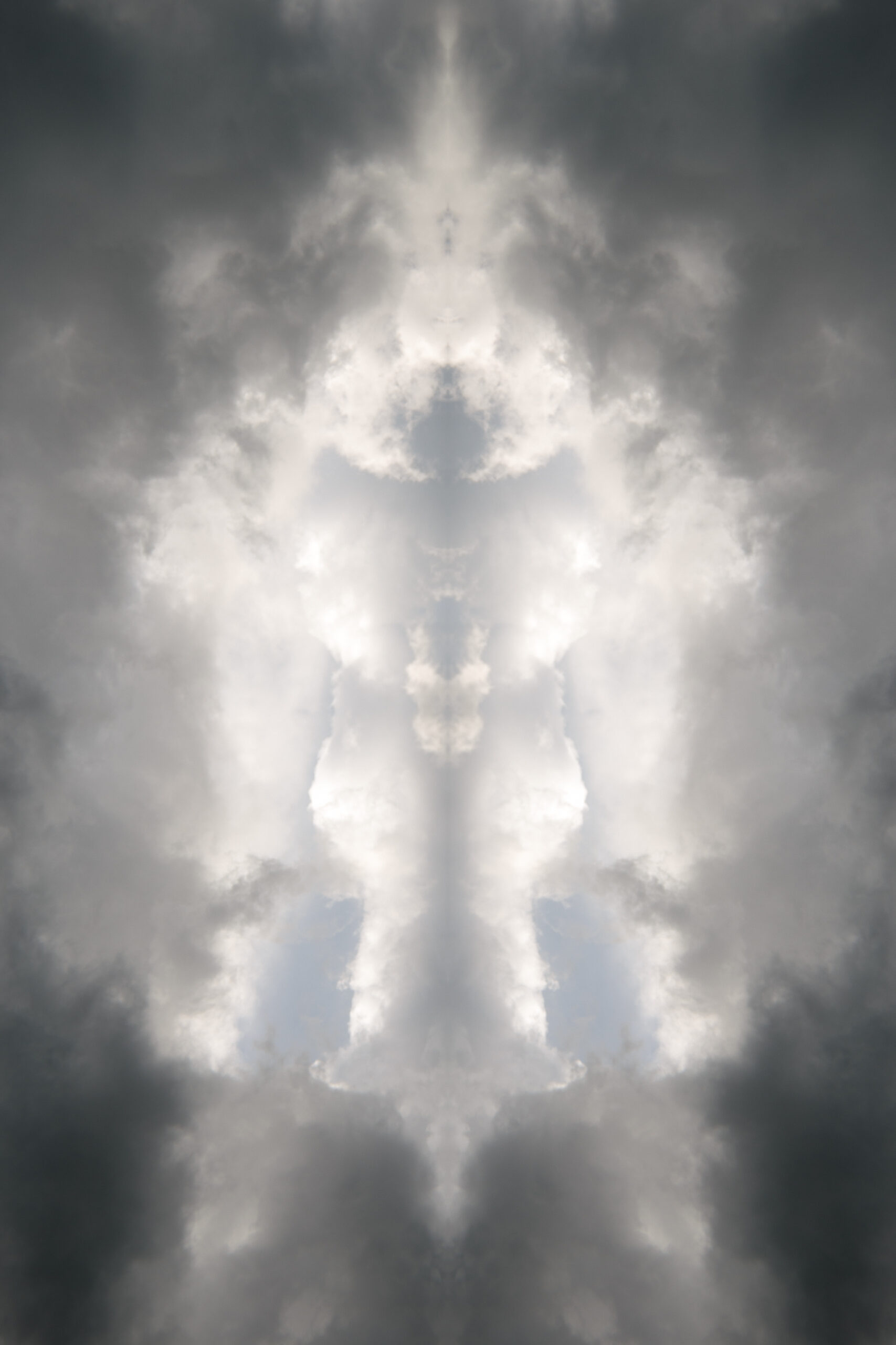 Photograph of the sky, many clouds creating suggesting shapes.
