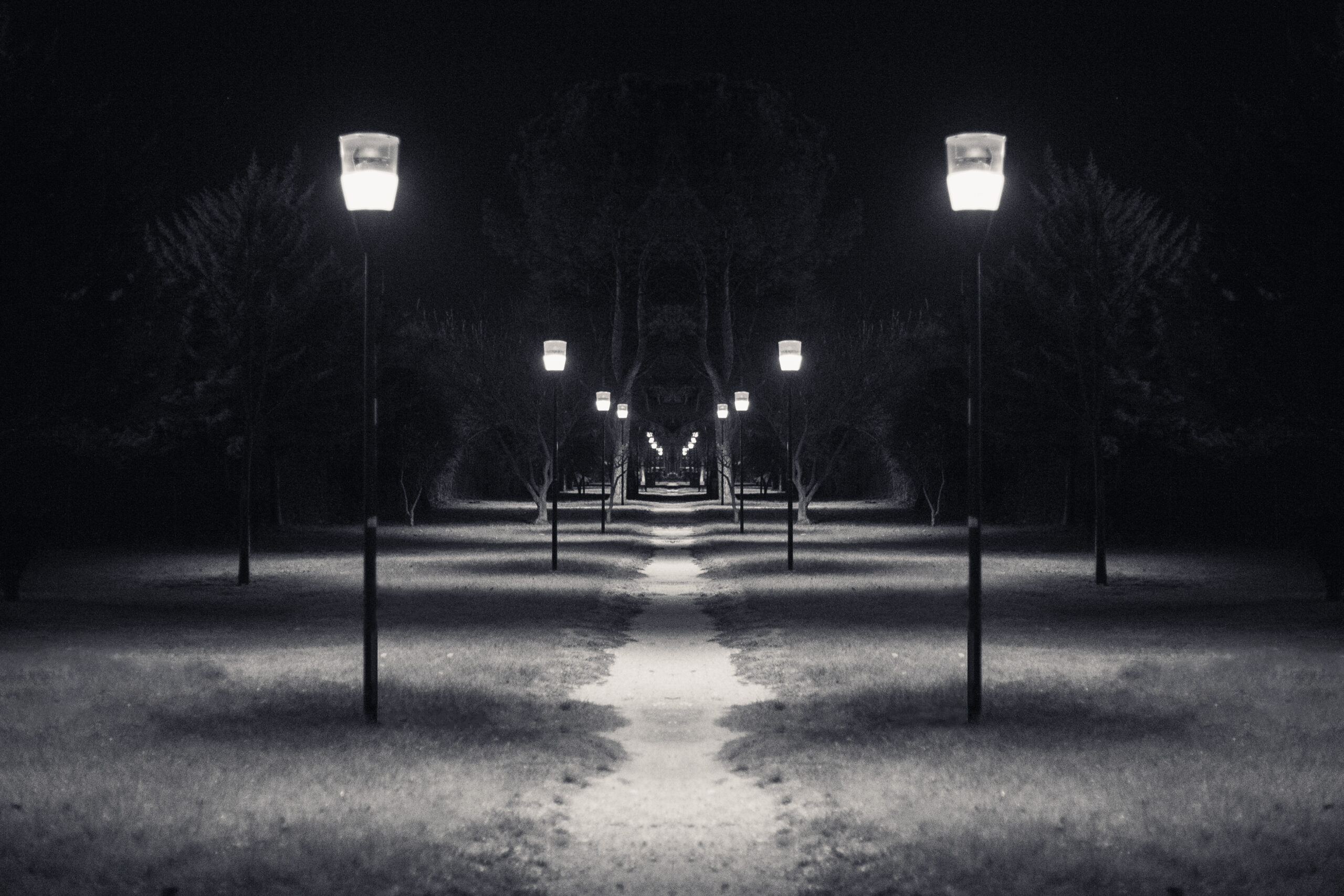 Black and white photograph of a an earthy path inside of a park at night. The lamps and trees creating a suggestive scene.