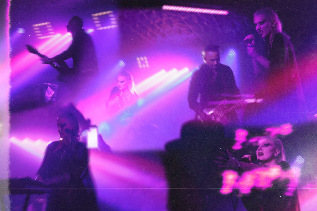 Purple collage of pictures of the band Ductape performing live.
