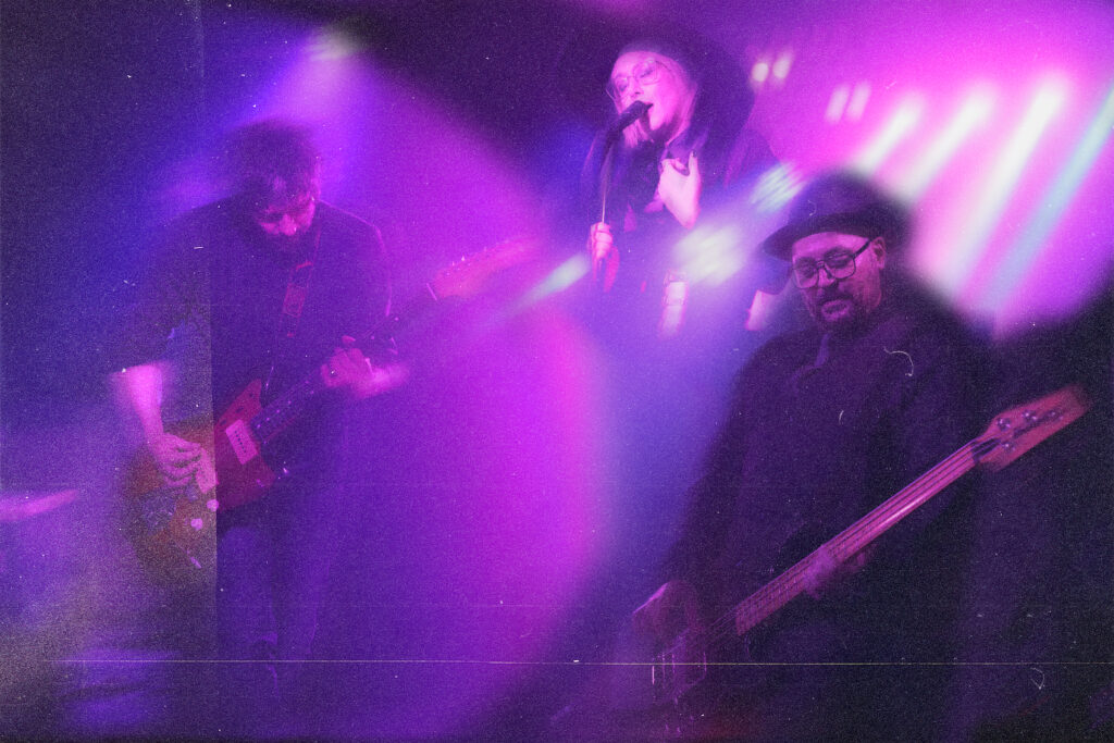 Purple collage of pictures of the band Sorry, Heels performing live.