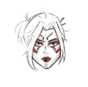Drawing of the final makeup for this Sith themed Star Wars editorial. It features black and red around the eyes, on the lips, and in very long rectangular shapes and lines.