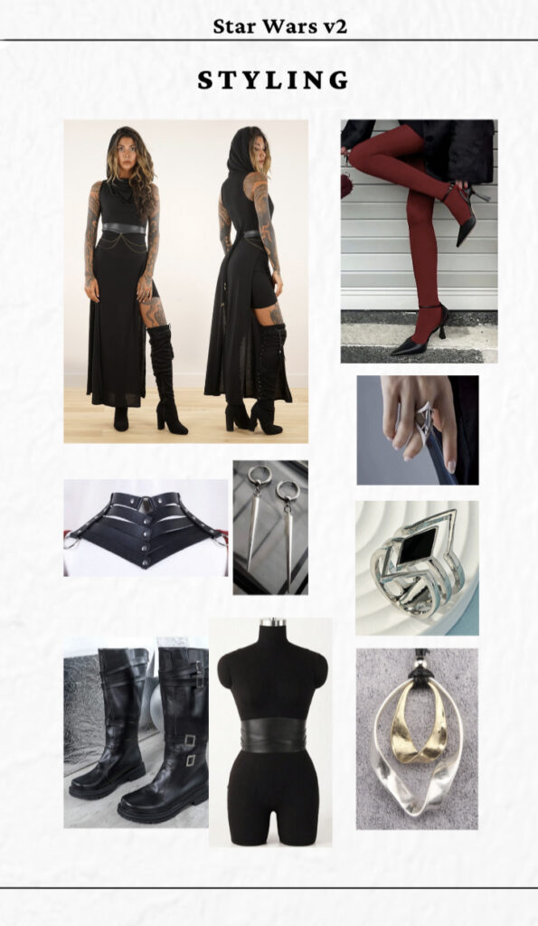 Screenshot of a moodboard about the styling for a Star Wars editorial. It shows dark clothes and leather accessories, together with silver and gold jewelry.