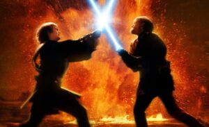 immagine dal film Star Wars Episodio III La Vendetta dei Sith, che mostra il combattimento fra Obi-Wan Kenobi e Anakin su Mustafar